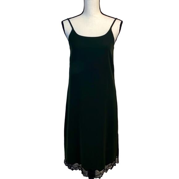 Theory Leisha Dark Olive Midi Slip Dress Size 2 Rachel Green 90s Y2K Lace Trim - Picture 1 of 8